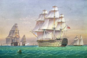 Drei erstklassige Linienschiffe, die den Hafen von Portsmouth betreten